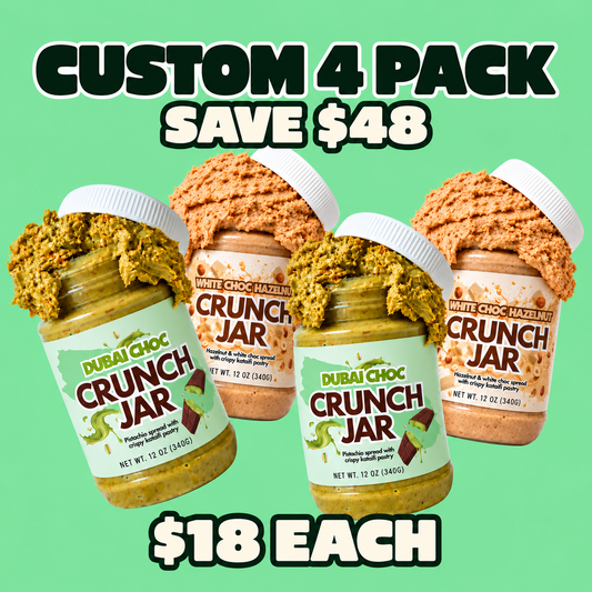 Custom 4-pack of 12 oz Crunch Jars: two Dubai Choc and two White Choc Hazelnut. Save $48; $18 each.