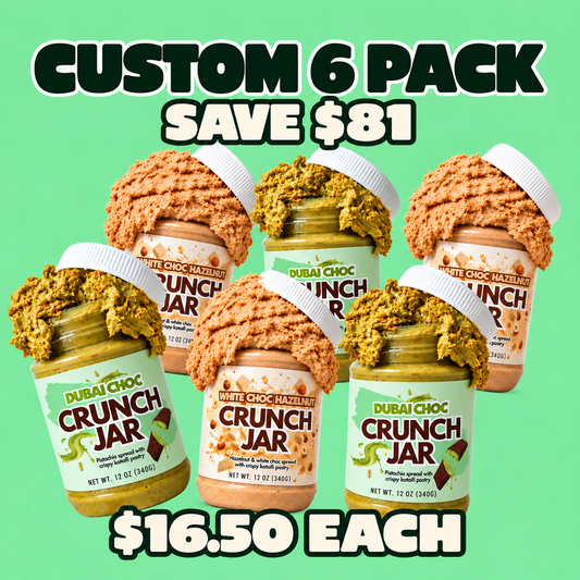 Custom 6-pack of 12 oz Crunch Jars: three Dubai Choc and three White Choc Hazelnut. Save $81; $16.50 each.