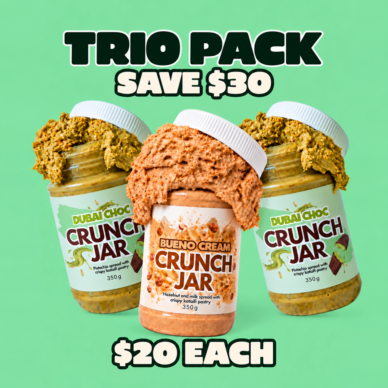 Trio Pack with Dubai Chocolate and Bueno Cream Crunch Jars; save $30.
